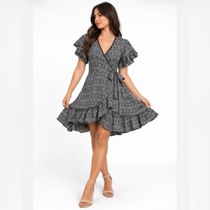 Max Studio Floral Wrap Dress Size S Ruffle Boho Midi Black